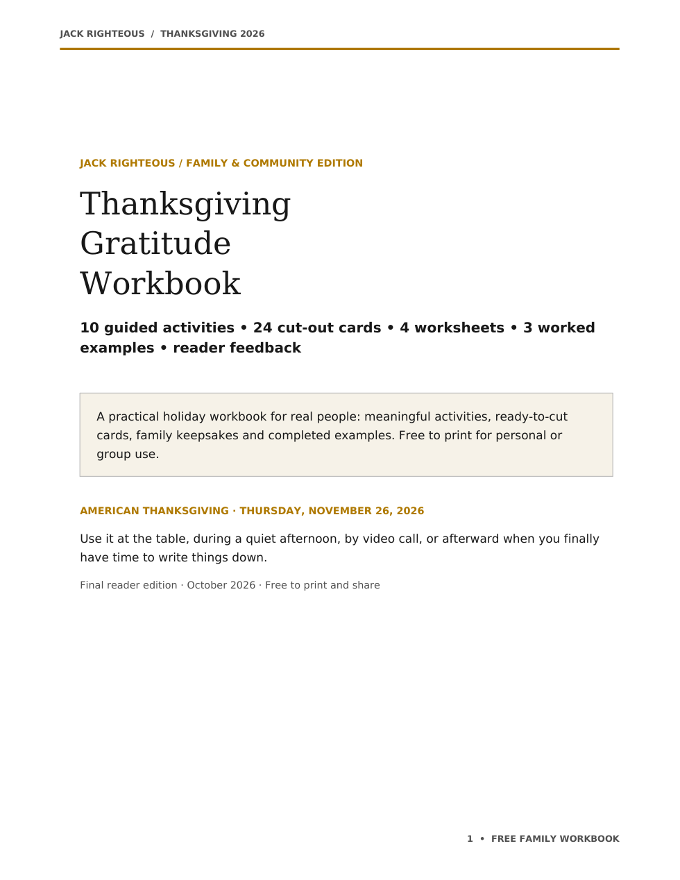Actual cover page of the free 27-page Thanksgiving Gratitude Workbook PDF