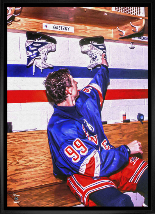 Wayne Gretzky 20x29 Framed Canvas Oilers Hanging up Skates - V - Jack Righteous